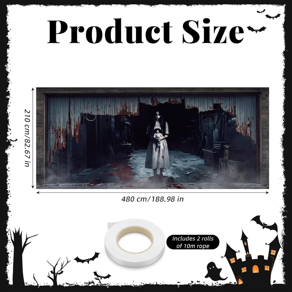 Halloween Garage Door Cover - Large Scary Ghost Girl Backdrop