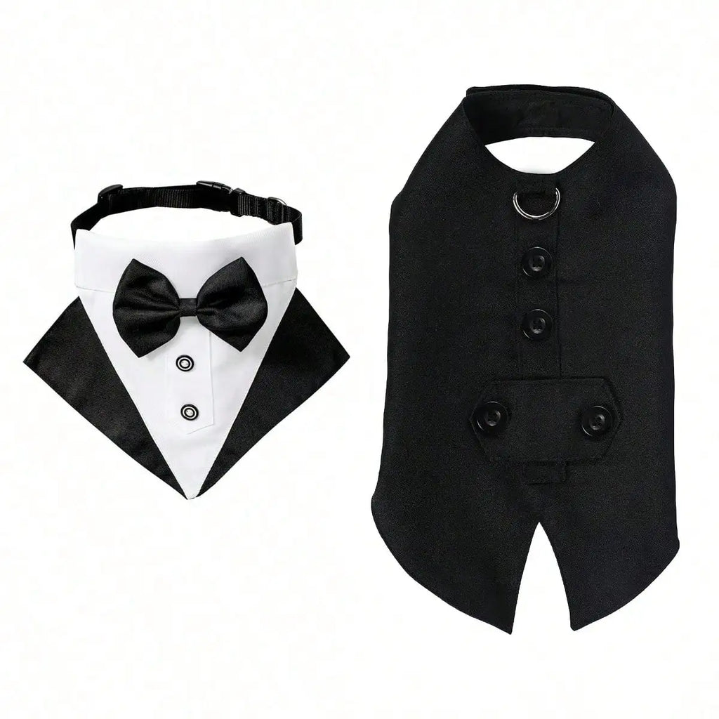 Formal Dog Tuxedo Suit and Colar Bandana Set, Wedding Party Costume Doggy Prince Bowtie Shirt, Suitable for Engagement We