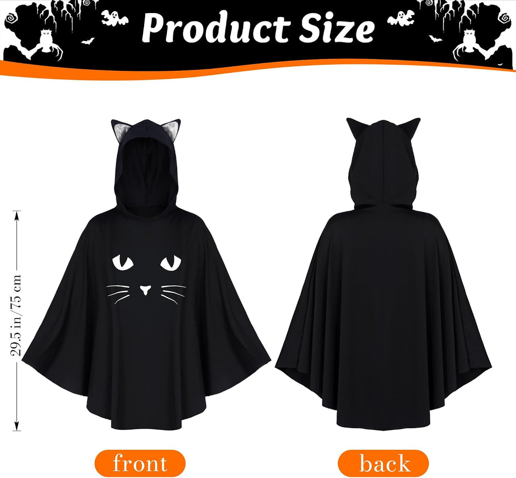 Black Cat Costume for Women, Glow in the Dark Halloween Poncho Hooded Cloak for Cosplay Themed Party