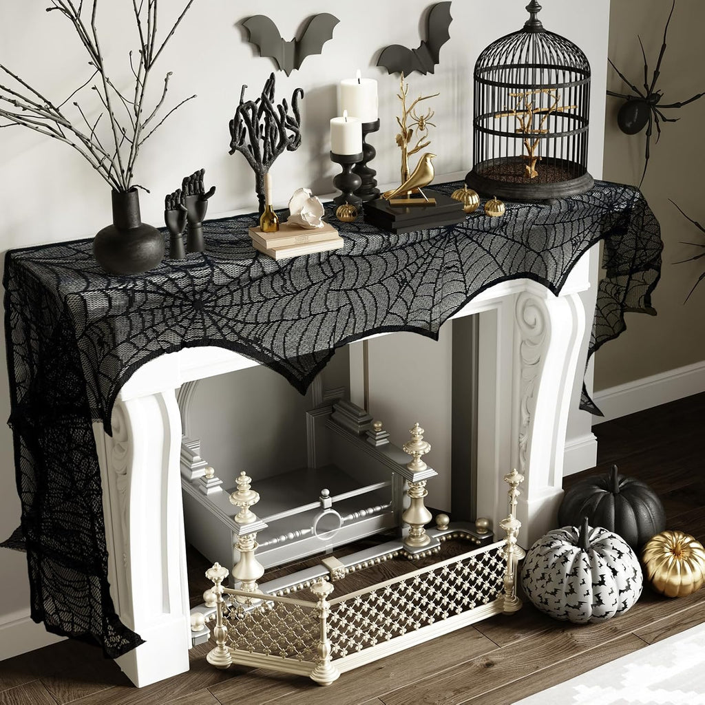 Halloween Decoration Black Lace Spiderweb Fireplace Mantle Scarf Cover Festive Party Supplies 45 X 243Cm 18 X 96 Inch