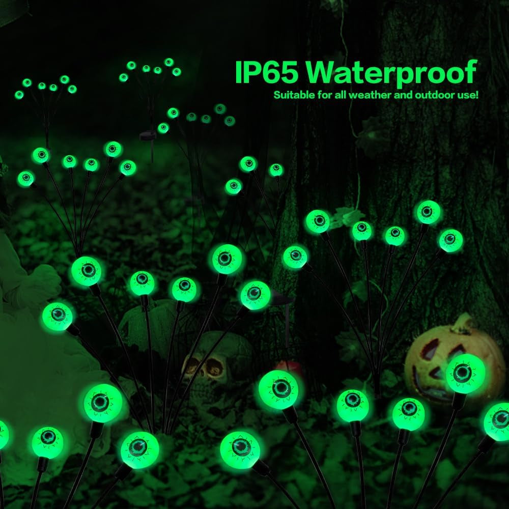 Halloween Decorations Outdoor Solar Scary Eyeball Lights,2Packs 12LED Green Eyeball Swaying Firefly Lights,Waterproof Solar Halloween Path Lights for Yard/Garden/Lawn/Party Decor
