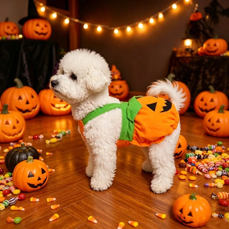 New Adjustable Washable Halloween Pumpkin Overall Dress Funny Costume for Small Dogs and Cats, Scary Trick-Or-Treat Pet Outfit