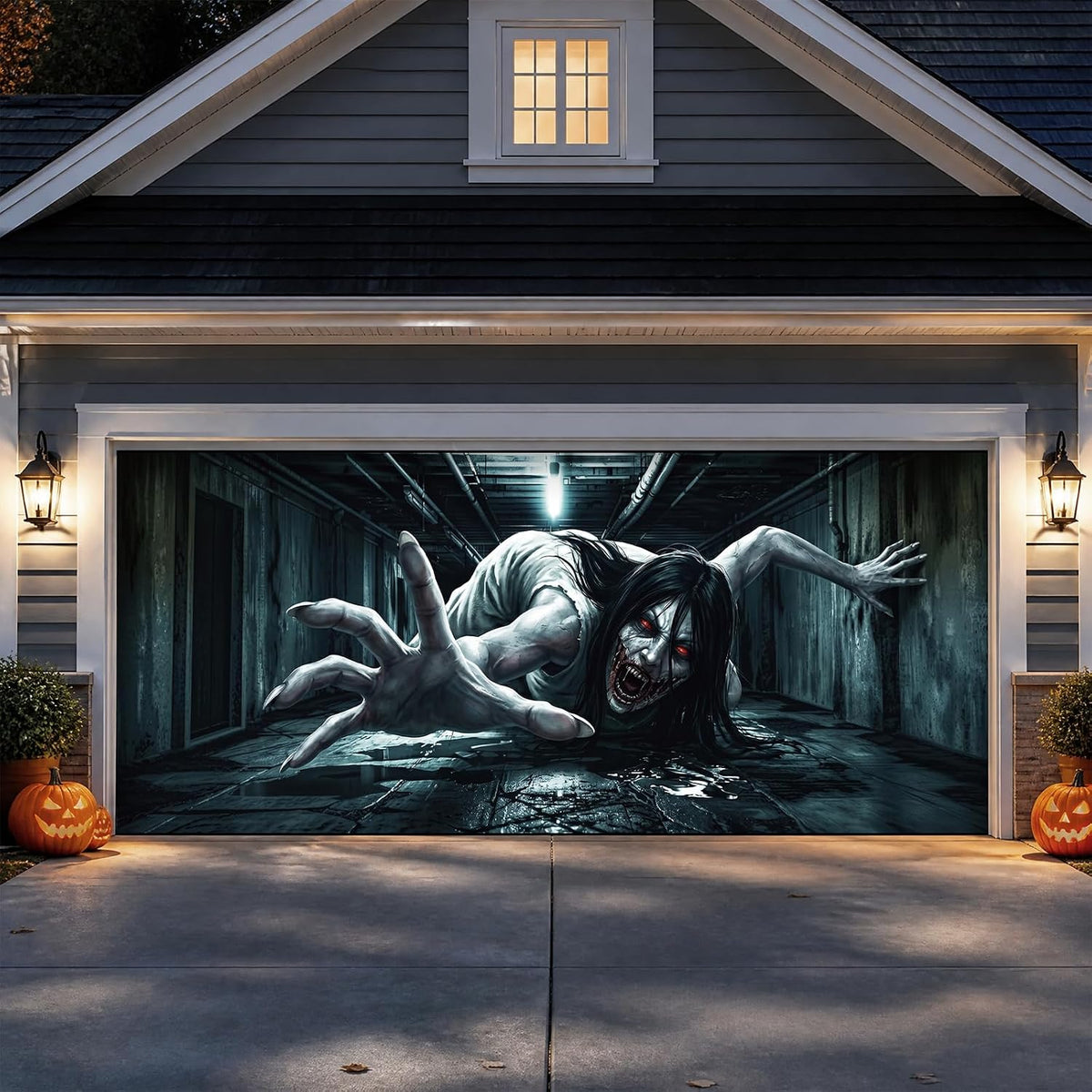 Halloween Garage Door Cover - Large Scary Ghost Girl Backdrop