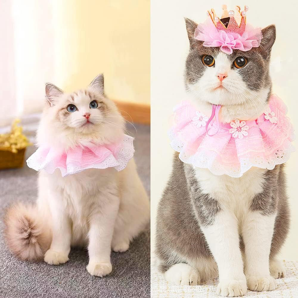 Cat Princess Costumes Cat Crown Hat & Lace Bandana Scarf Set, Puppy Party Hat for Small Dogs & Cats, Lace Outfit for Cats and Small Dogs Birthday Party (Pink)