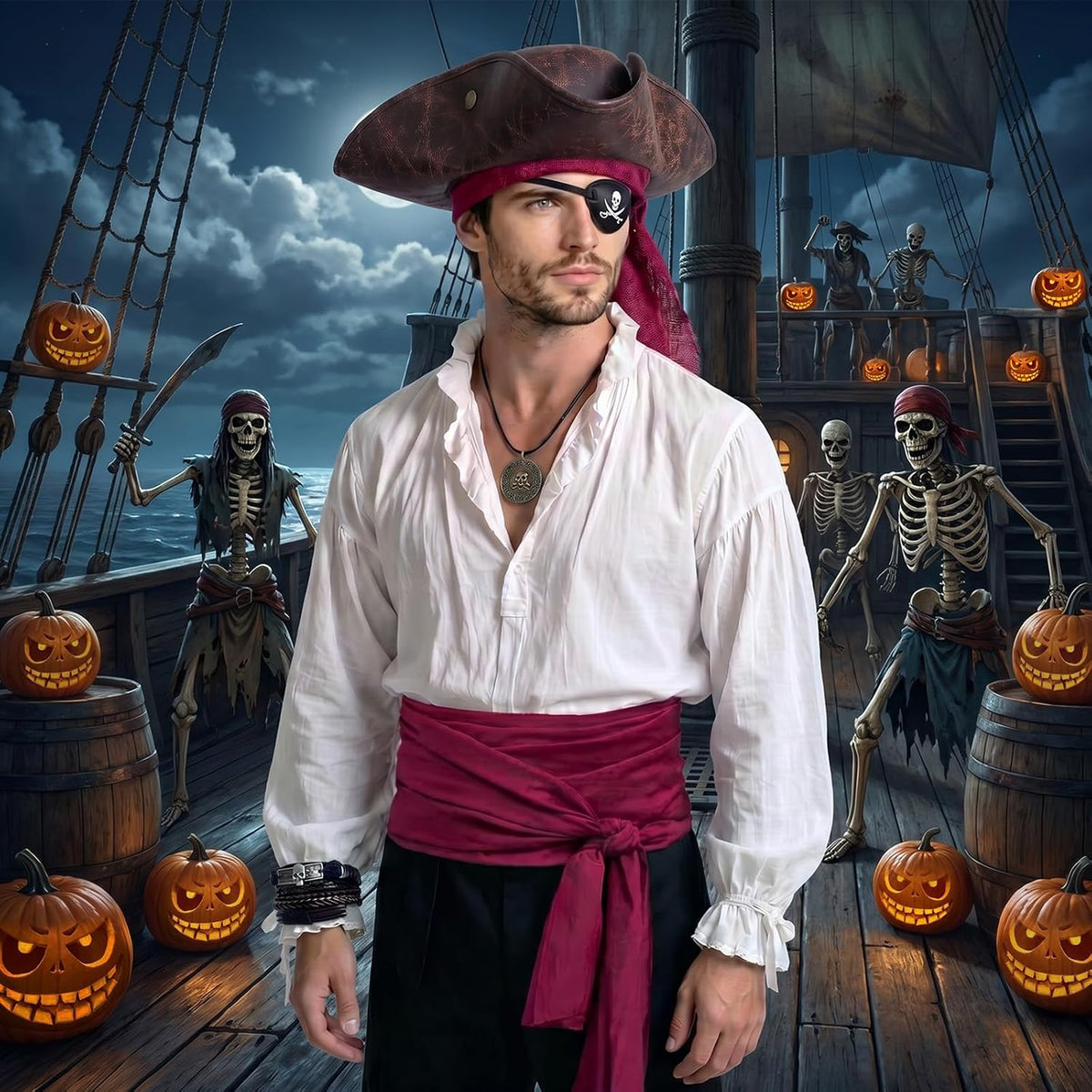 6-Piece Pirate Accessories Costume Set for Adults, Realistic Tricorn Hat | with Red Bandana, Waist Sash, Eye Patch, Skull Bracelets & Necklace, Mens Captain Buccaneer Party Outfit