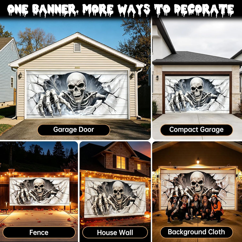 Halloween Garage Door Cover, 7×16 FT Skull Halloween Decorations Outdoor