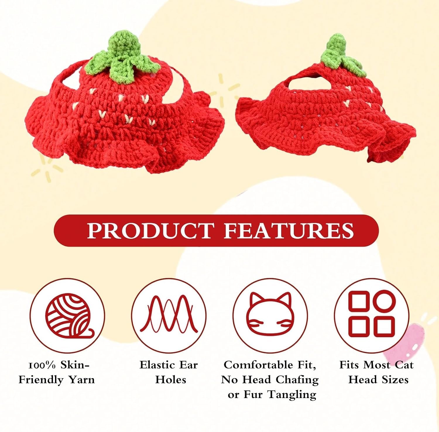 Strawberry Cat Hat, Cotton & Soft Cute Knitted Hats for Cats Birthday Party Christmas Puppy Hat for Small Pets (Red, M)