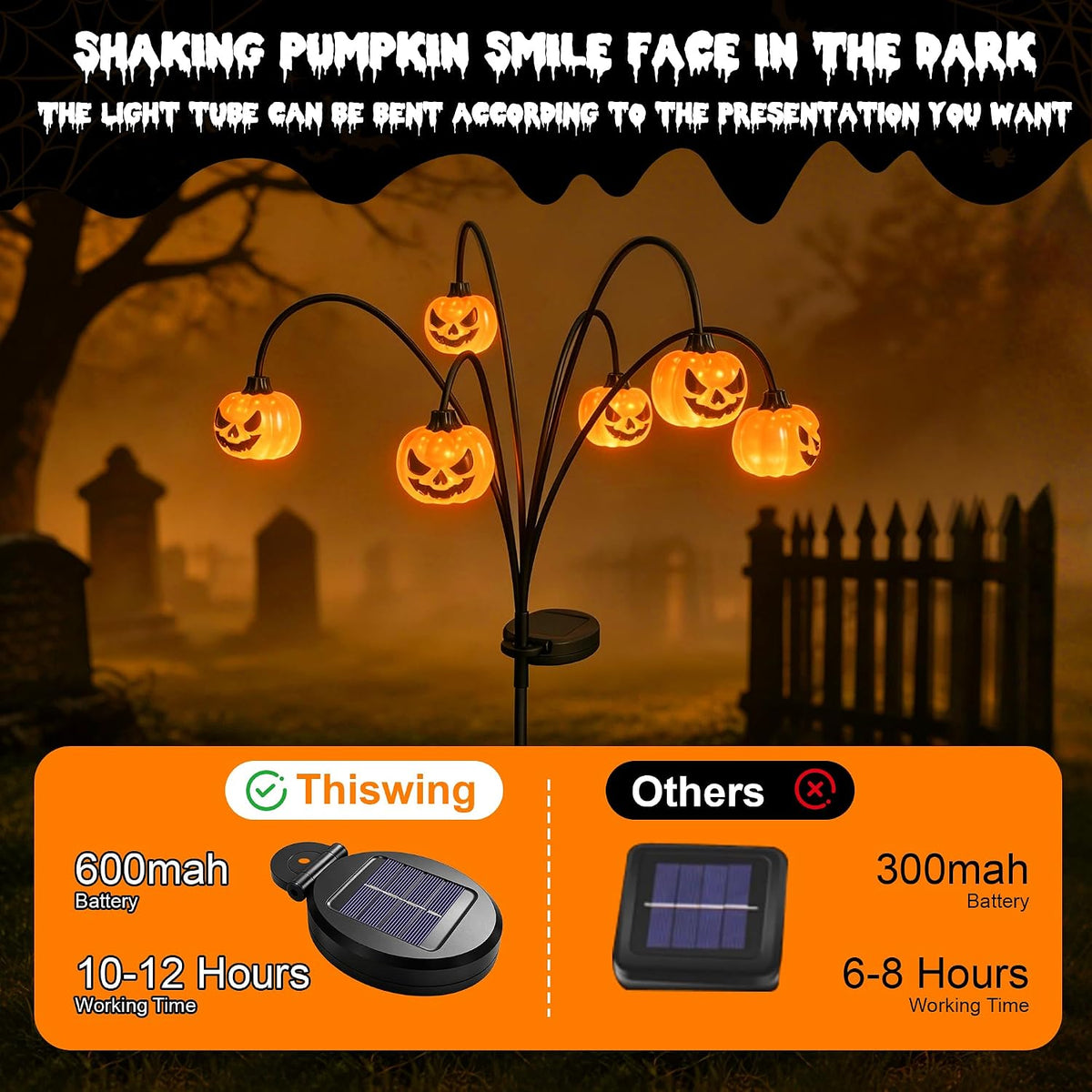 2 Pack Solar Halloween Lights Outdoor Decorations, Fall Pumpkin Lanterns | Garden Stake Light Waterproof, Halloween Decor Jack O Lantern, 12 LED Orange Lamp Swinging Decoration for Yard, Porch, Party