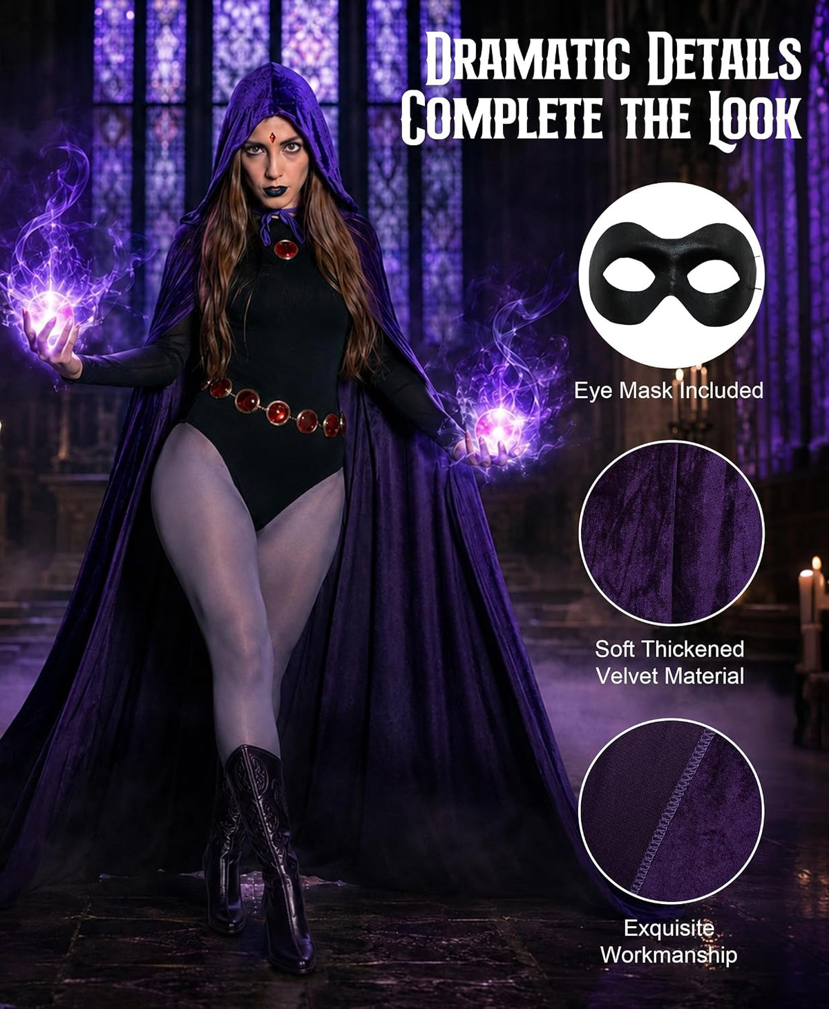 Raven Costume for Women, 6 Pcs Raven Cosplay Costume Set with Purple Hooded Cloak Bodysuit Gray Tights Halloween Party Outfit