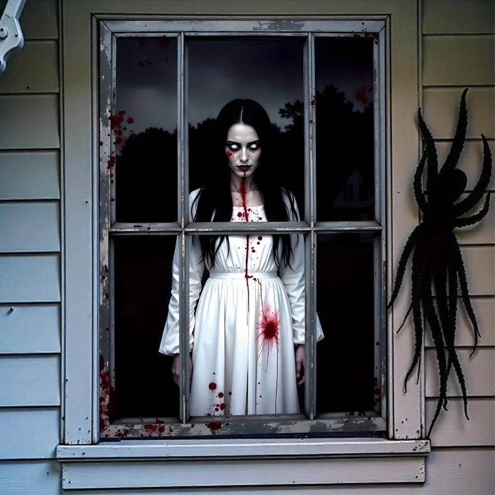 One 2D Flat Halloween Window Background Cloth, Polyester, Terrifying Female Ghost, Suitable for Outdoor Halloween Decoration