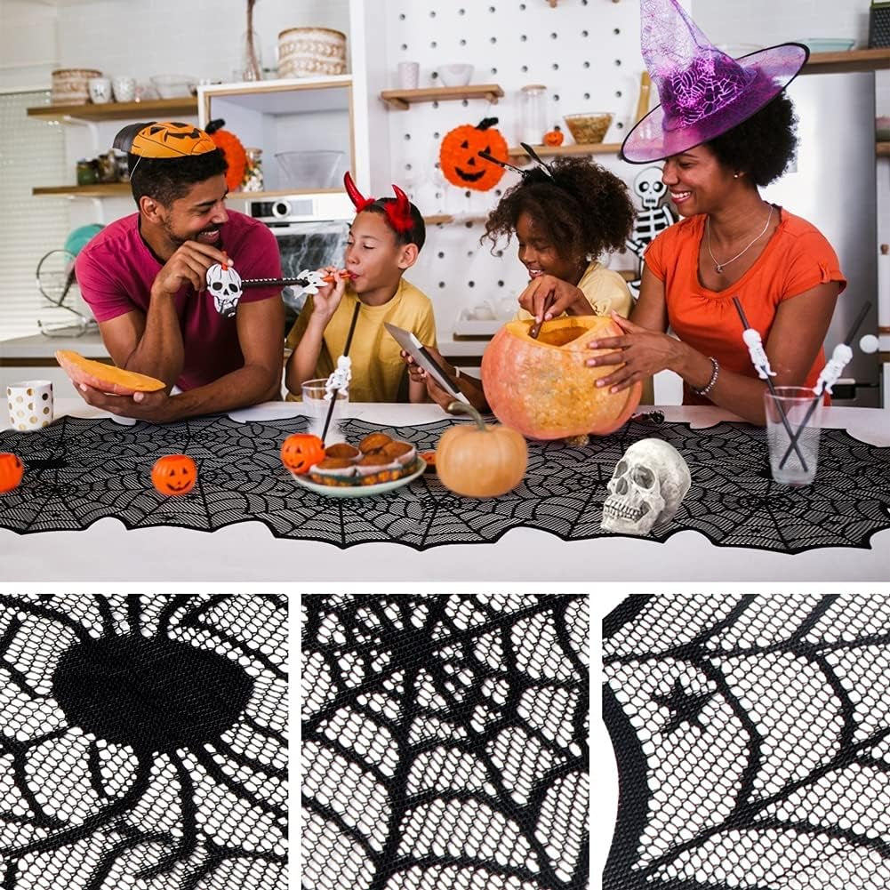 Halloween Table Runner, Black Lace Spider Web Table Runners for Halloween Decor/Party Dinner Table Decoration 18 X 72Inch