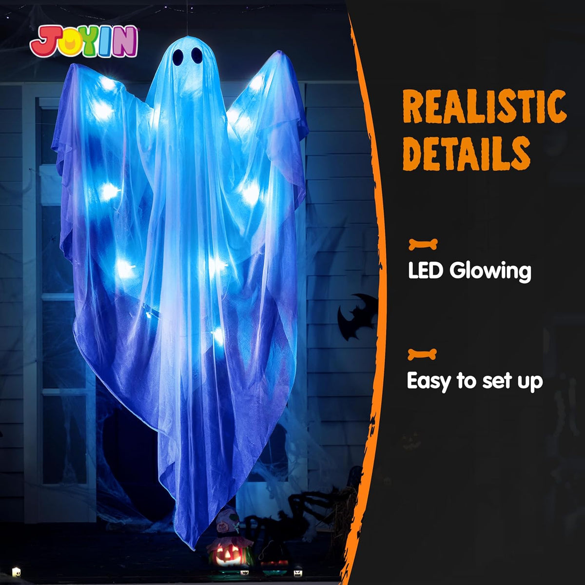 Halloween Hanging Light up Ghost, 47” White Ghosts with Blue LED Light and Timer Halloween Hanging Decoration Waterproof for Front Yard Patio Lawn Garden Party Decor Indoor Outdoor