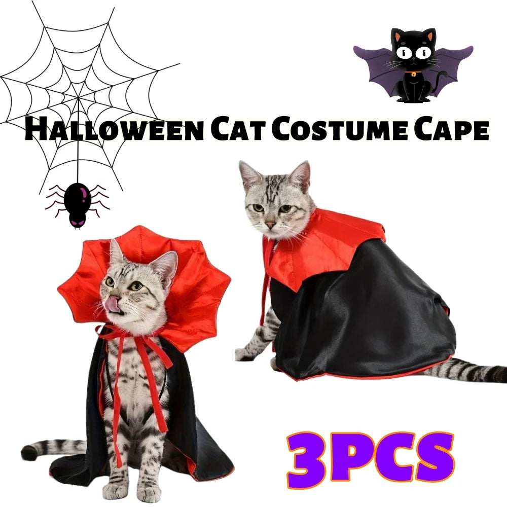 1/3Pcs Halloween Cat Costume Cape with Collar Vampire Pet Apparel All-Season Wear Festive Party Accessory for Cats & Small Dogs