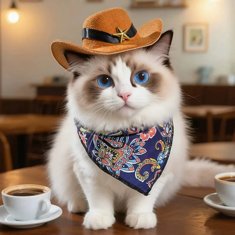 British Style Cat Cowboy Hat with Bandana Set, Adjustable Pet Hat for Cats and Dogs, Funny Vintage Pet Costume Accessory