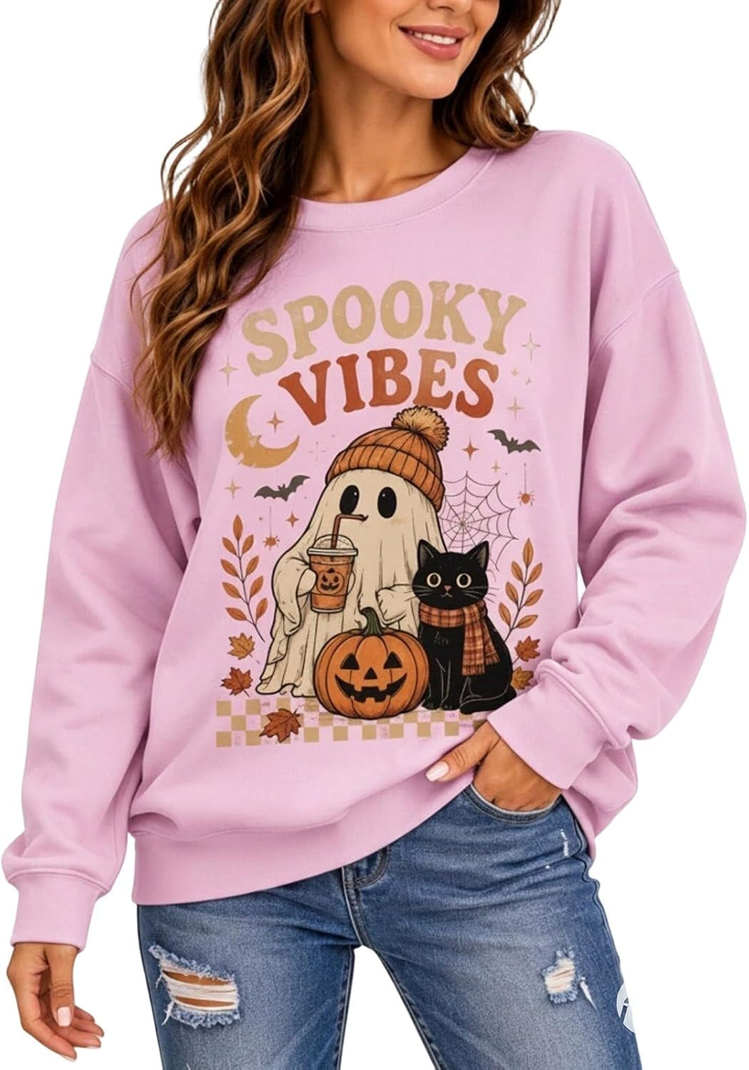 Womens Halloween Sweatshirt,Ghost Pumpkin Graphic Sweatshirt Spooky Season Sweaters Fall Crewneck Pullover for Women