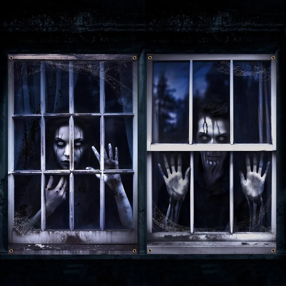2 PCS Scary Curtain for Halloween Party Decorations Oxford Fabric Window Cover Horror Girl Boy Ghost Poster Backcloth Home Decor
