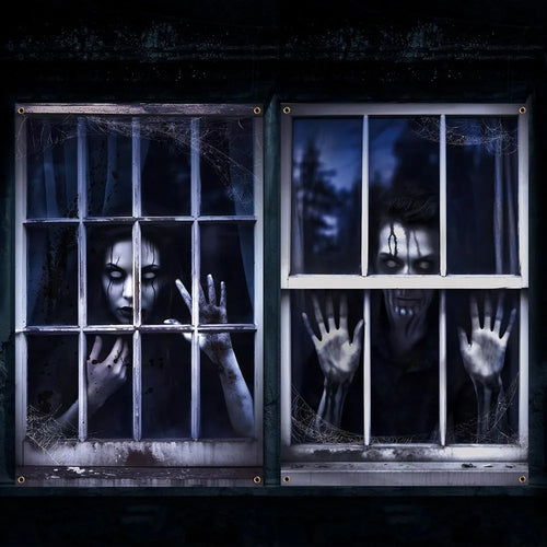 2 PCS Scary Curtain for Halloween Party Decorations Oxford Fabric Window Cover Horror Girl Boy Ghost Poster Backcloth Home Decor