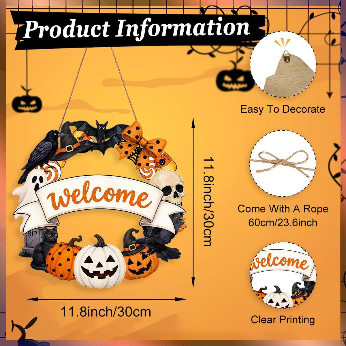 Halloween Welcome Wreath for Front Door Wooden Pumpkin Ghost Door Decor | Farmhouse Skull & Black Cat Wreath with Welcome Sign for Porch Mantel Wall Home Decoration Indoor Outdoor 12X12 Inch