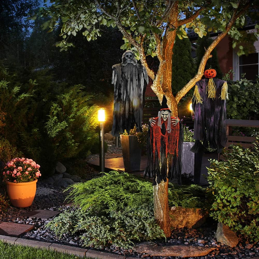 3 Pack 35” Hanging Ghosts Witch Pumpkin Decor Hanging Halloween Decorations Outdoor Halloween Decor, Scary Flying Witch Grim Reapers Haunted House Front Porch Decor Yard Garden Lawn Party