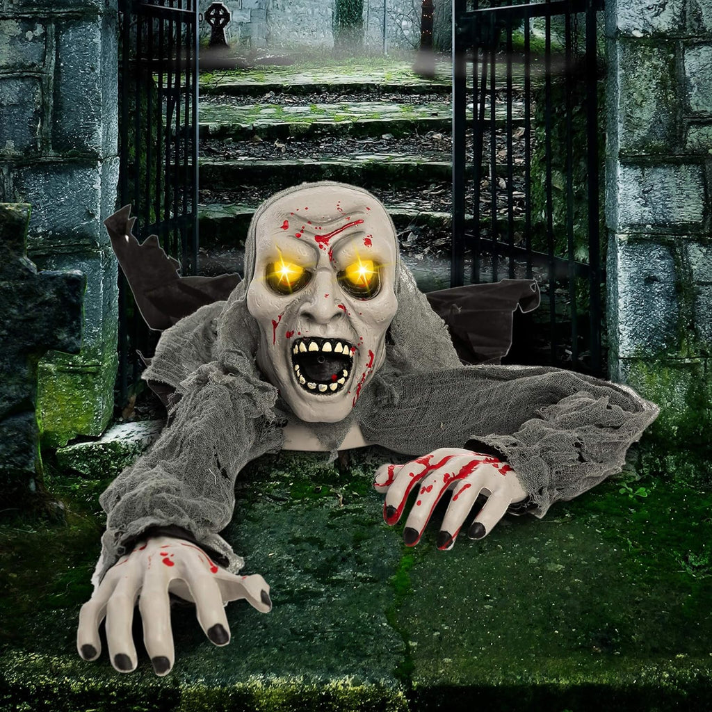 Halloween Decorations Outdoor Light-Up Zombie Groundbreaker with Bloodstain and Creepy Sound for Halloween outside Decor Lawn Yard Patio Graveyard Decoration, Haunted House Prop