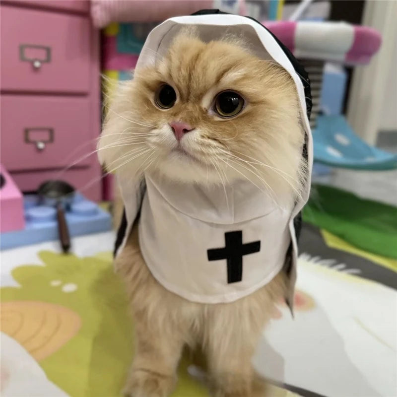 Halloween Cats Nun Costume Jesus Cross Print Kitty Clothes for Small Dogs Funny Cute Dress up Party Pet Overalls Cat Accessories