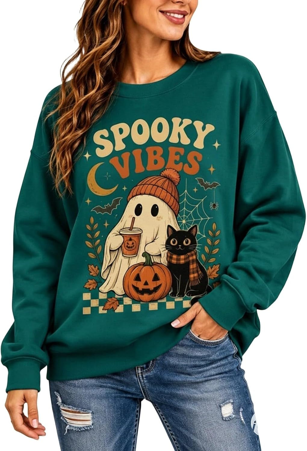 Womens Halloween Sweatshirt,Ghost Pumpkin Graphic Sweatshirt Spooky Season Sweaters Fall Crewneck Pullover for Women
