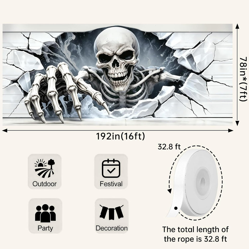 Halloween Garage Door Cover, 7×16 FT Skull Halloween Decorations Outdoor