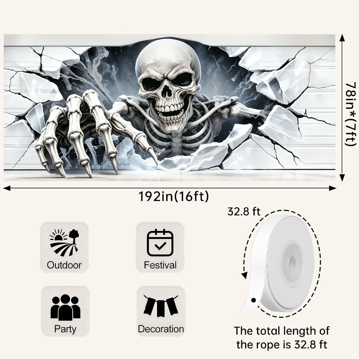 Halloween Garage Door Cover, 7×16 FT Skull Halloween Decorations Outdoor