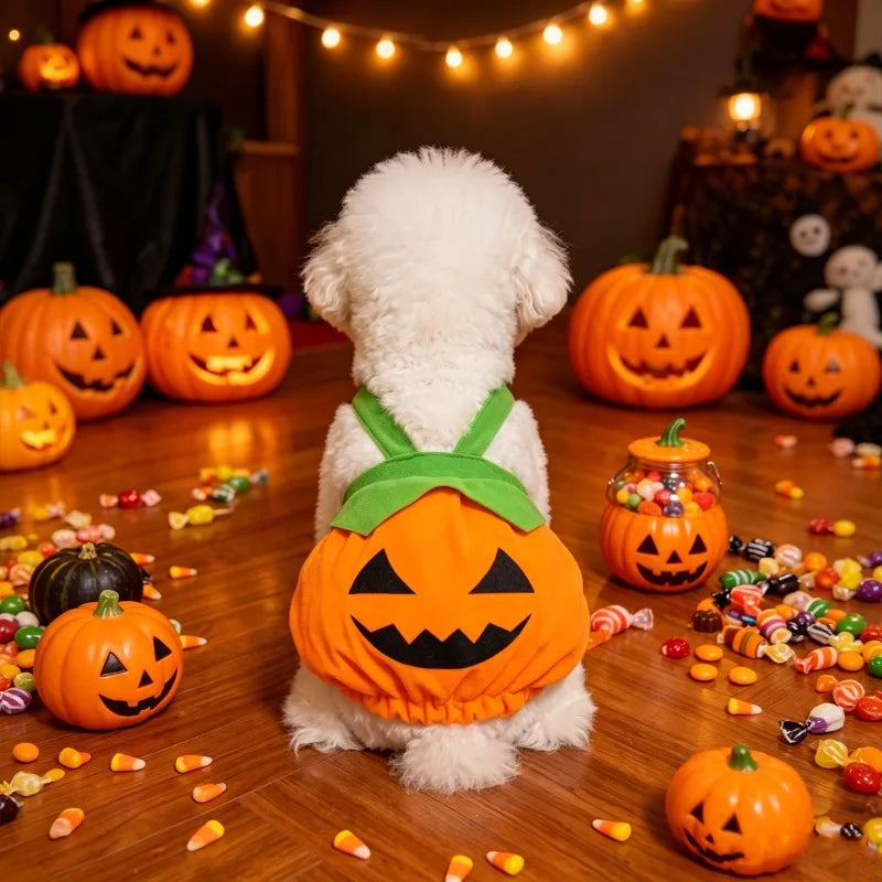 New Adjustable Washable Halloween Pumpkin Overall Dress Funny Costume for Small Dogs and Cats, Scary Trick-Or-Treat Pet Outfit