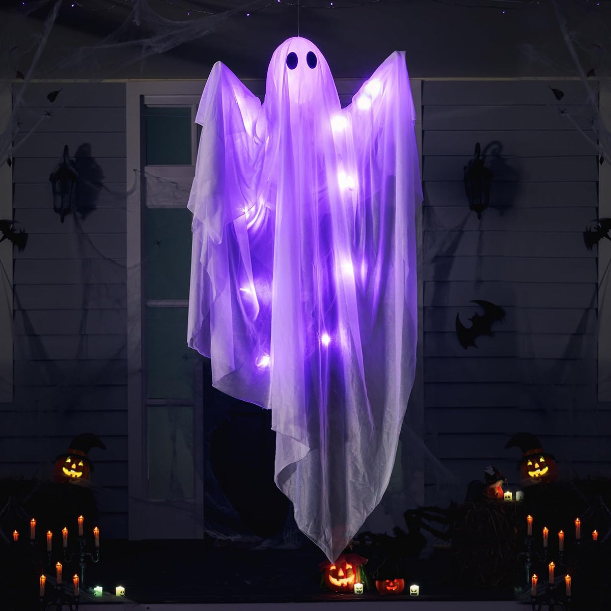 Halloween Hanging Light up Ghost, 47" White Ghosts with Green LED Light and Timer Halloween Hanging Decoration Waterproof for Front Yard Patio Lawngarden Party Decor Indoor Outdoor