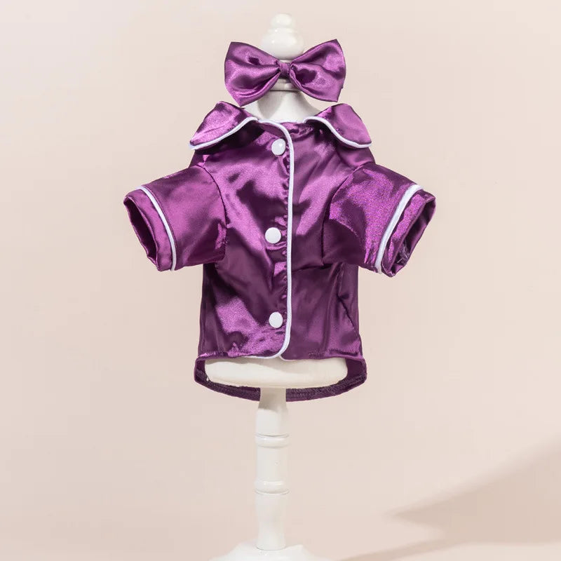 Chic Satin Dog Pajamas Set, Cute Pet Sleepwear with Bow Headband, Soft Puppy Cat Clothes for Home Party Costume