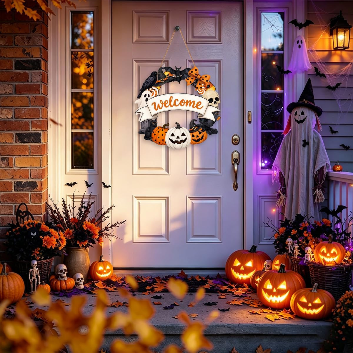 Halloween Welcome Wreath for Front Door Wooden Pumpkin Ghost Door Decor | Farmhouse Skull & Black Cat Wreath with Welcome Sign for Porch Mantel Wall Home Decoration Indoor Outdoor 12X12 Inch