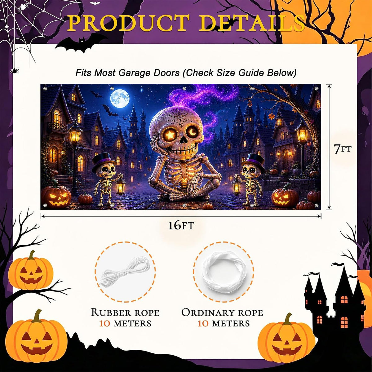 Halloween Garage Door Cover, Giant Skeleton Banner Outdoor Decoration