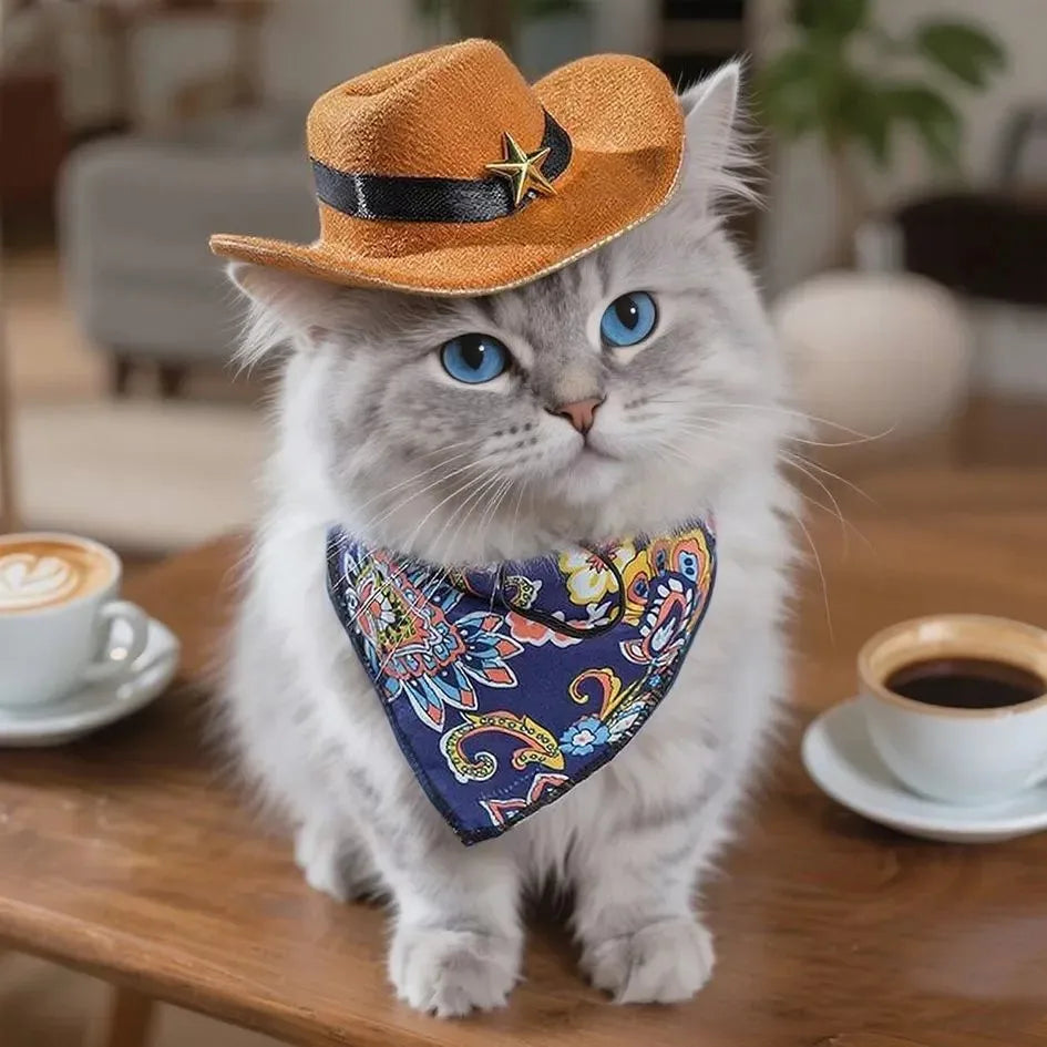 British Style Cat Cowboy Hat with Bandana Set, Adjustable Pet Hat for Cats and Dogs, Funny Vintage Pet Costume Accessory
