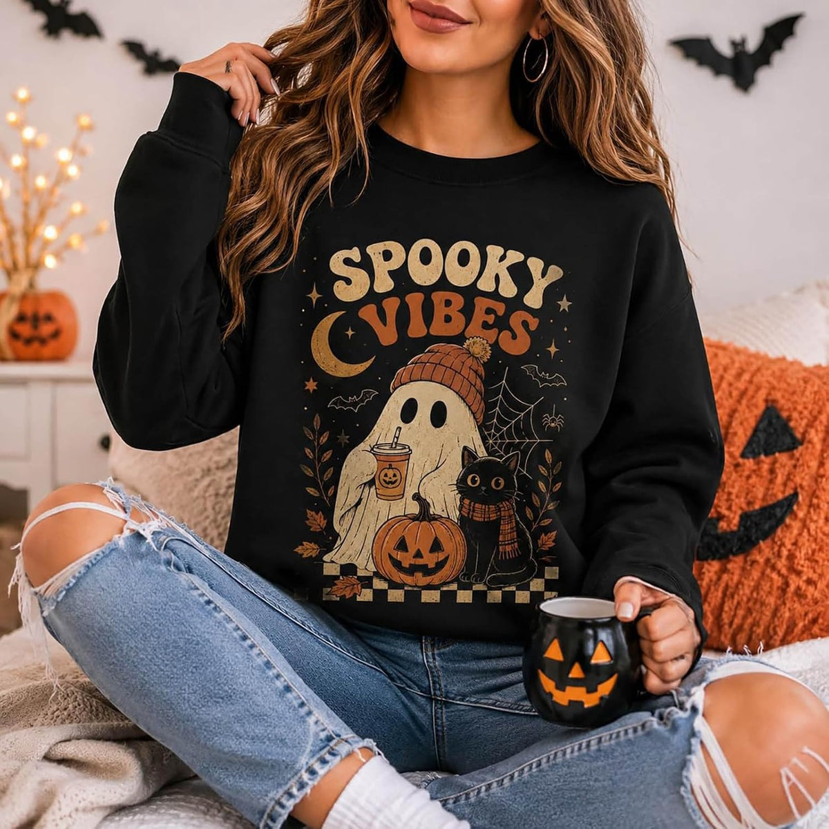 Womens Halloween Sweatshirt,Ghost Pumpkin Graphic Sweatshirt Spooky Season Sweaters Fall Crewneck Pullover for Women