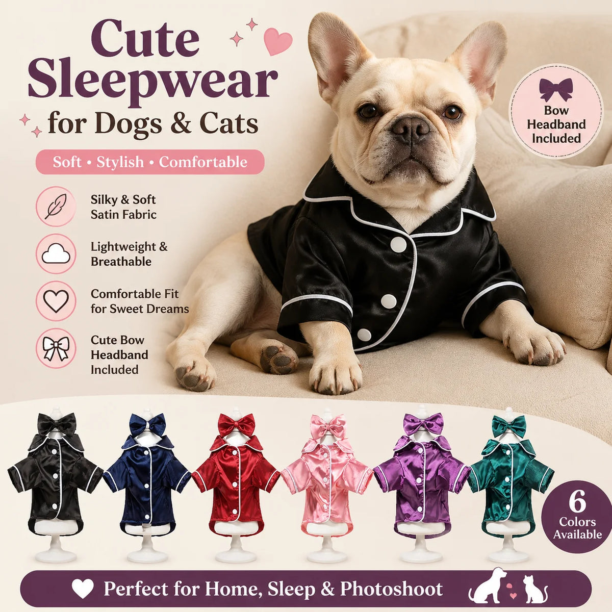 Chic Satin Dog Pajamas Set, Cute Pet Sleepwear with Bow Headband, Soft Puppy Cat Clothes for Home Party Costume
