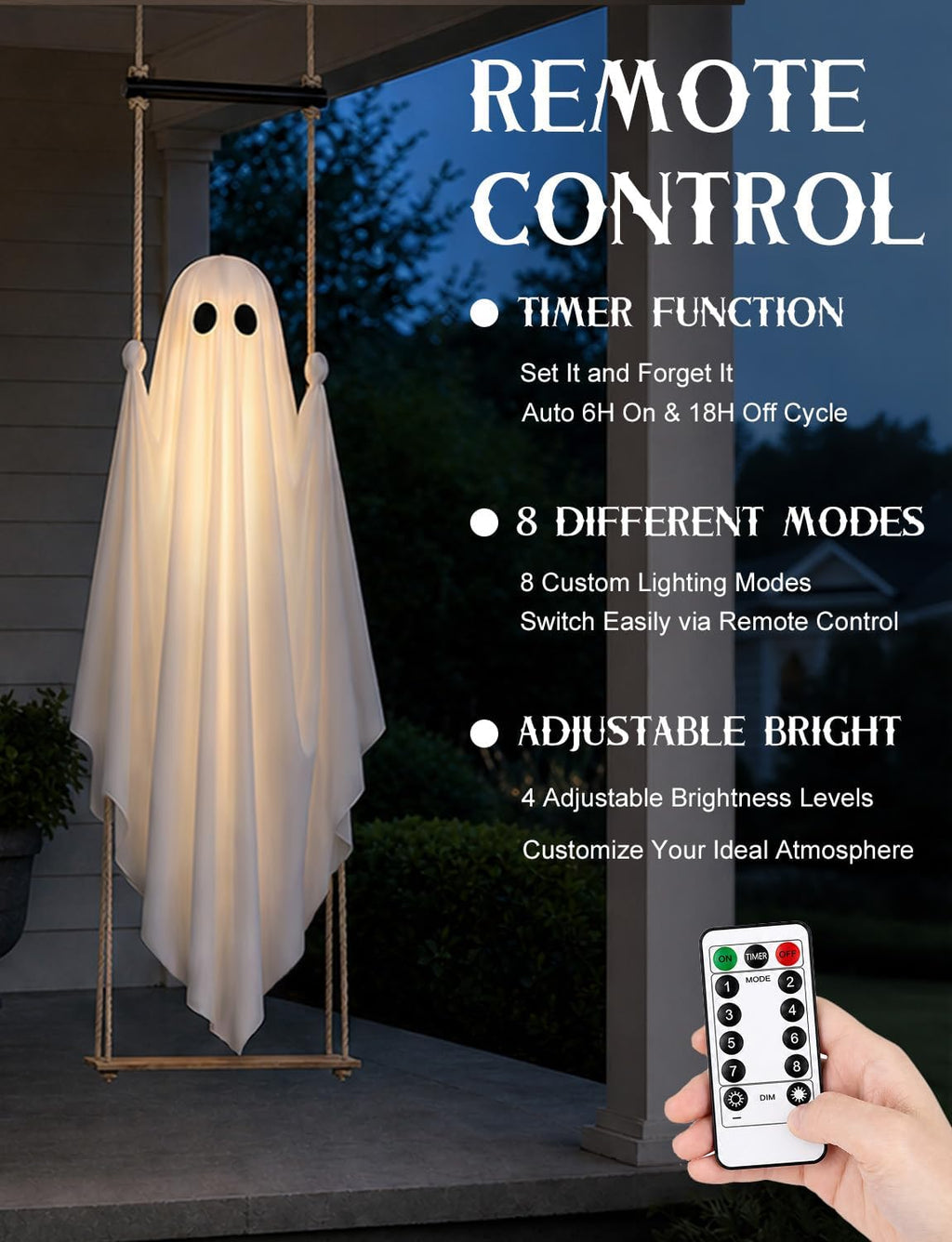 Halloween Decorations Outdoor 3.7FT Pre-Assembled Hanging Swing Ghost | Ready-To-Hang Ghost,Remote Waterproof Lights,Stable&Adjustable,Sturdy–Ideal for Porches, Trees, Yards & Entryways
