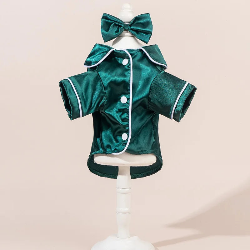 Chic Satin Dog Pajamas Set, Cute Pet Sleepwear with Bow Headband, Soft Puppy Cat Clothes for Home Party Costume