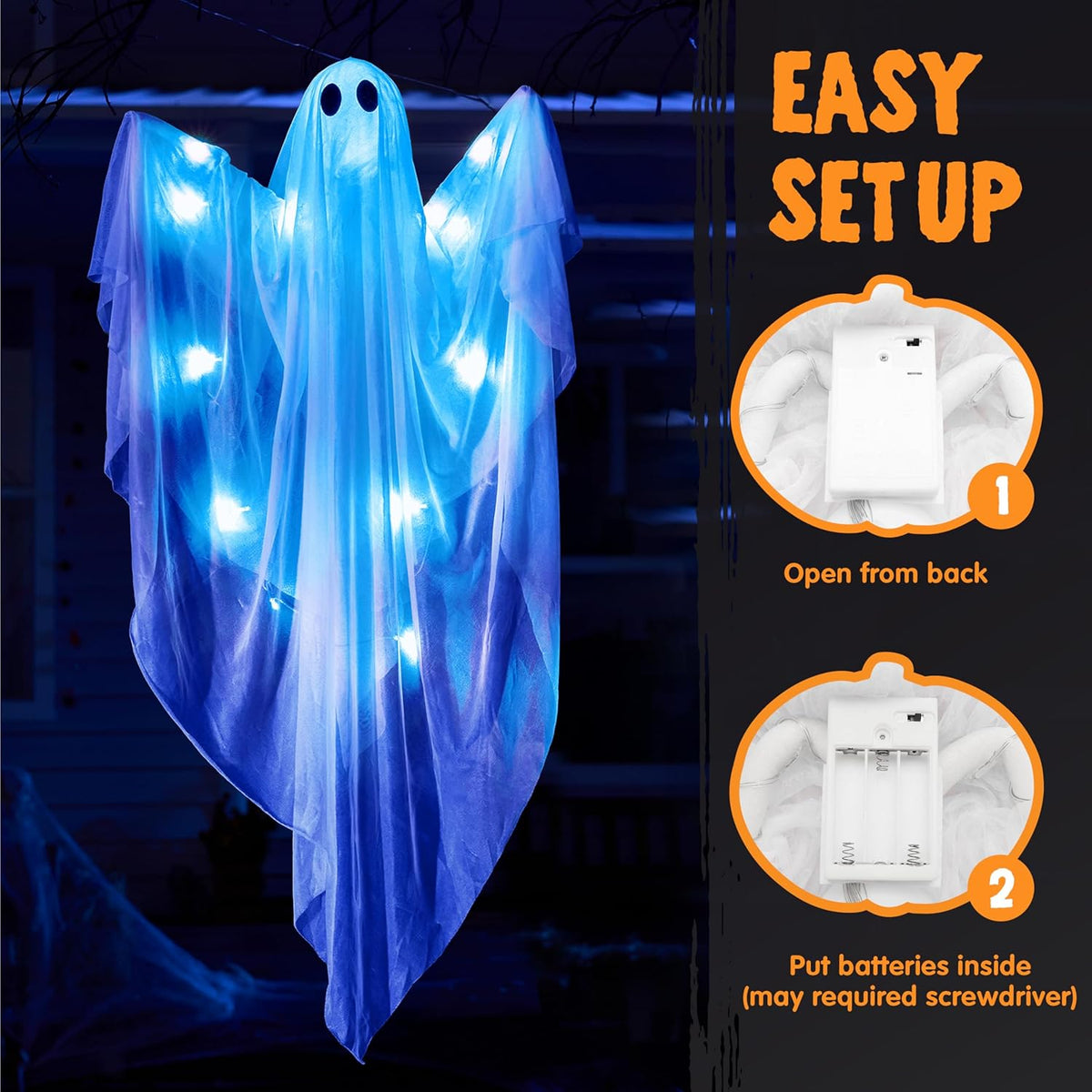 Halloween Hanging Light up Ghost, 47” White Ghosts with Blue LED Light and Timer Halloween Hanging Decoration Waterproof for Front Yard Patio Lawn Garden Party Decor Indoor Outdoor