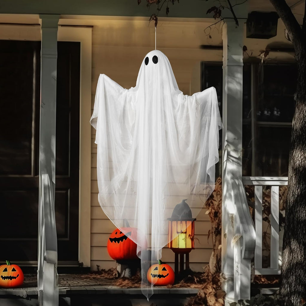 Halloween Hanging Light up Ghost, 47” White Ghosts with Blue LED Light and Timer Halloween Hanging Decoration Waterproof for Front Yard Patio Lawn Garden Party Decor Indoor Outdoor