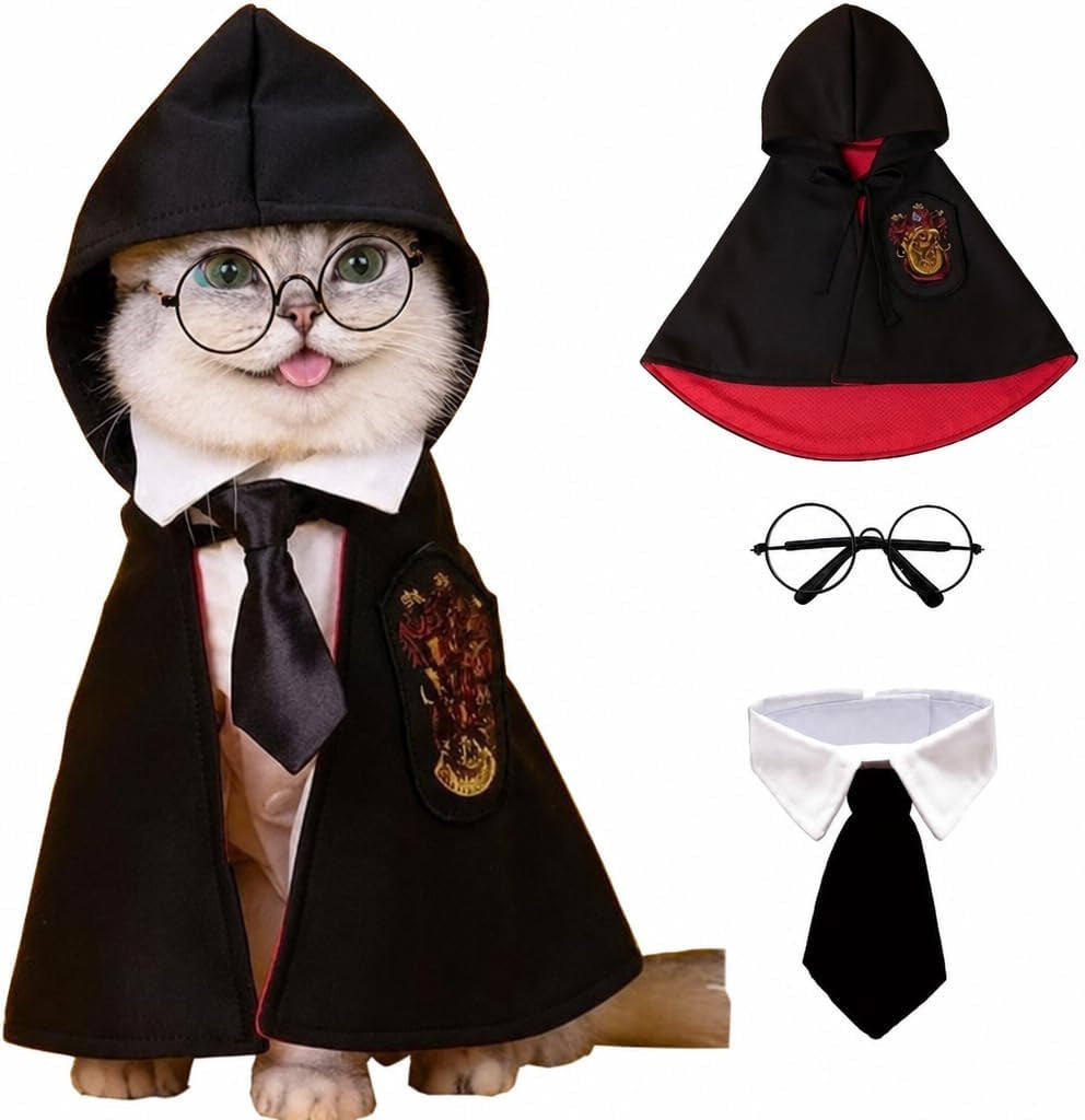 Cat Halloween Costumes - Adjustable Dog Cat Wizard Costume,Pet Hooded Cape Glasses Necktie Set,Funny Puppy Small Dog Halloween Costumes Boy Girl, Black Red Pet Magician Cosplay Outfits