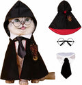 Cat Halloween Costumes - Adjustable Dog Cat Wizard Costume,Pet Hooded Cape Glasses Necktie Set,Funny Puppy Small Dog Halloween Costumes Boy Girl, Black Red Pet Magician Cosplay Outfits