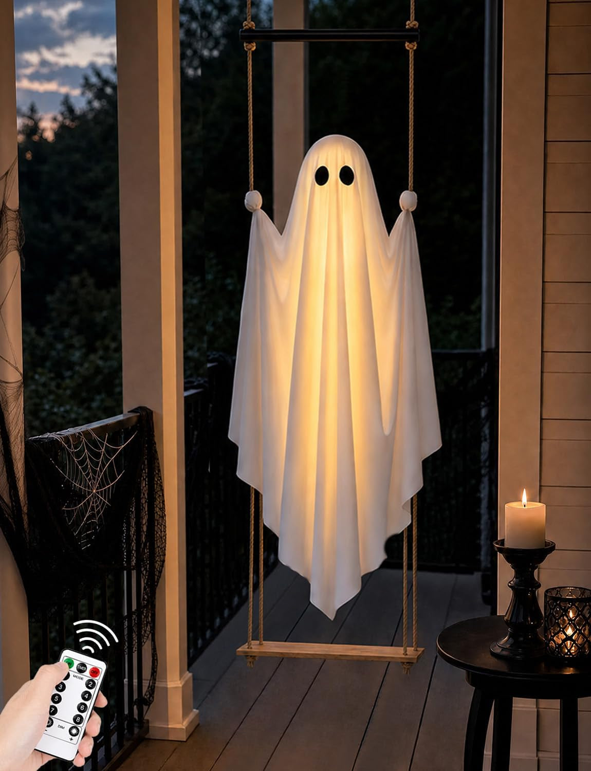 Halloween Decorations Outdoor 3.7FT Pre-Assembled Hanging Swing Ghost | Ready-To-Hang Ghost,Remote Waterproof Lights,Stable&Adjustable,Sturdy–Ideal for Porches, Trees, Yards & Entryways