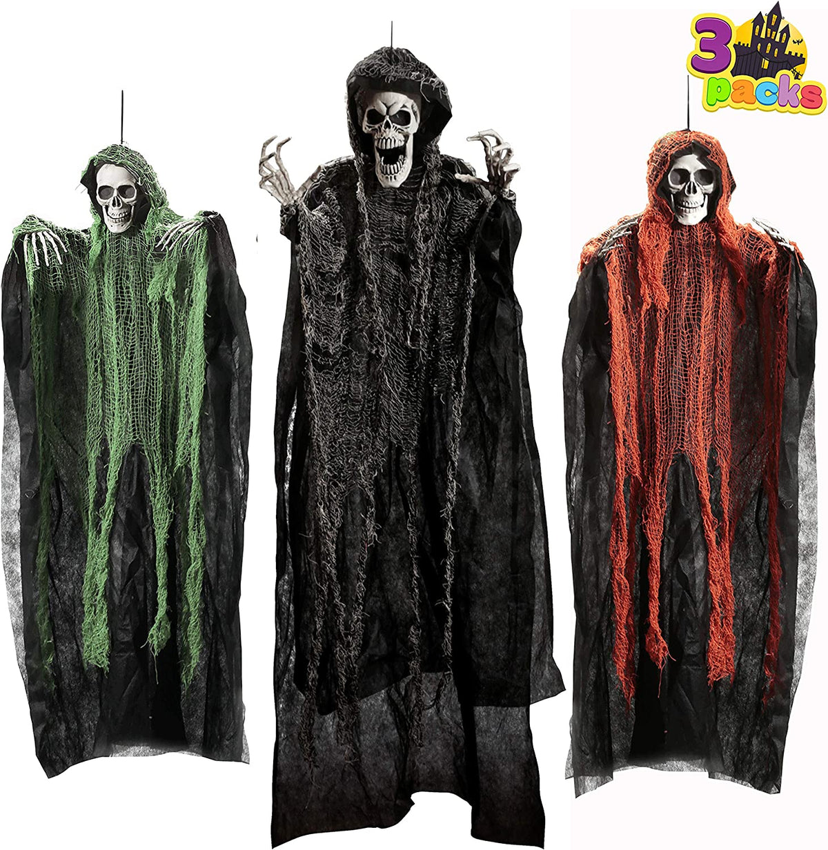 Halloween Hanging Grim Reapers (3 Pcs), One 47” and Two 35” Grim Reapers, Halloween Skeleton Flying Ghost for Haunted House Prop Décor, Outdoor Indoor Decor