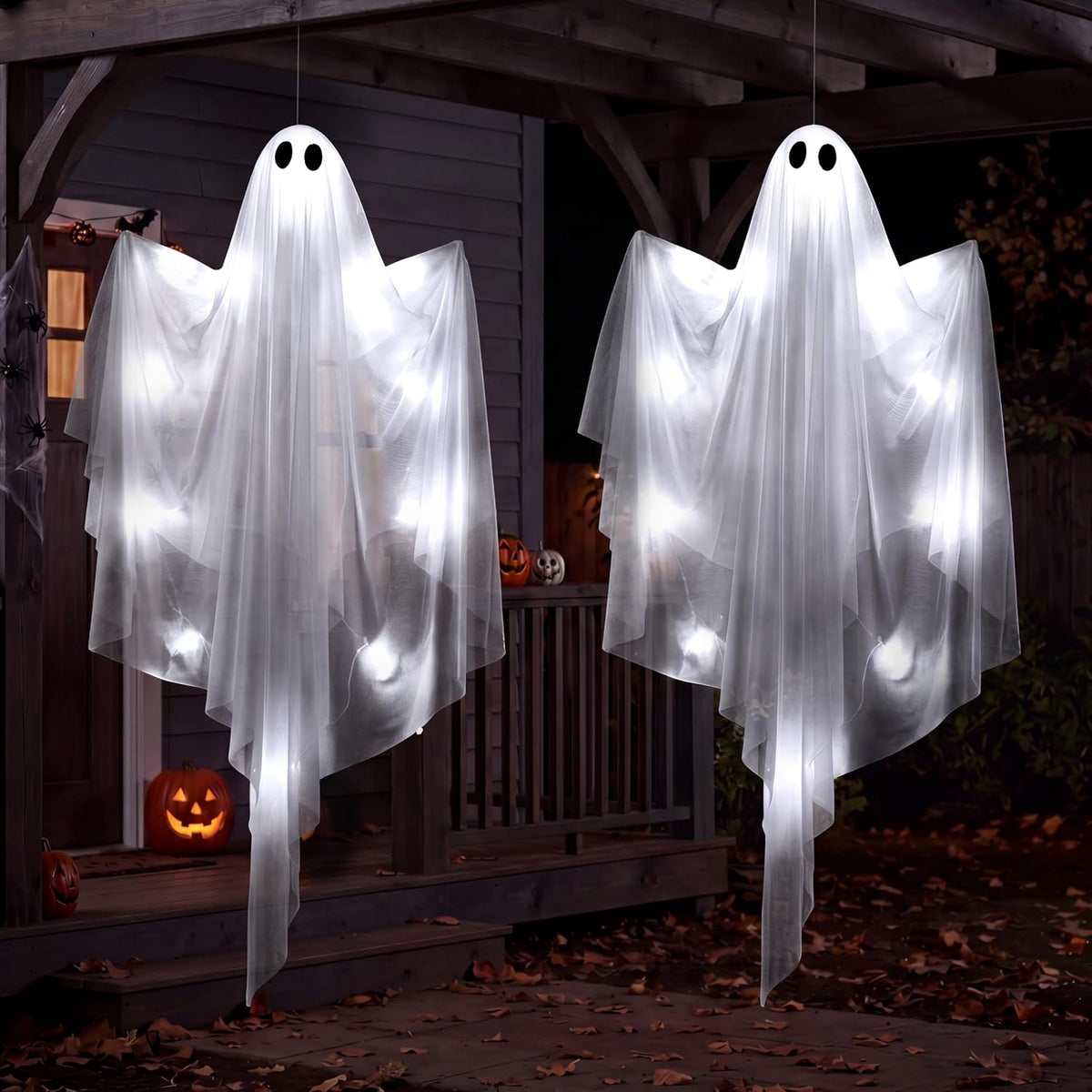 Halloween Hanging Light up Ghost, 47" White Ghosts with Green LED Light and Timer Halloween Hanging Decoration Waterproof for Front Yard Patio Lawngarden Party Decor Indoor Outdoor