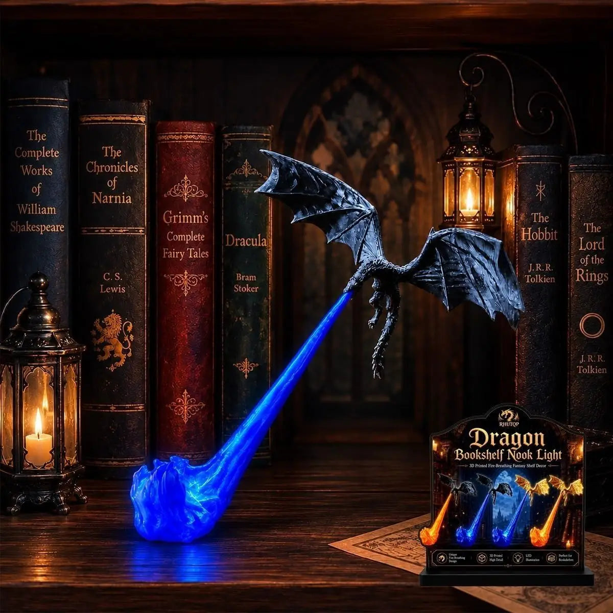 Fire Breathing Dragon Bookshelf Nook Light 3D Printed Flying Dragon Shelf Decor Lover Gift for Halloween Indoor Table Display