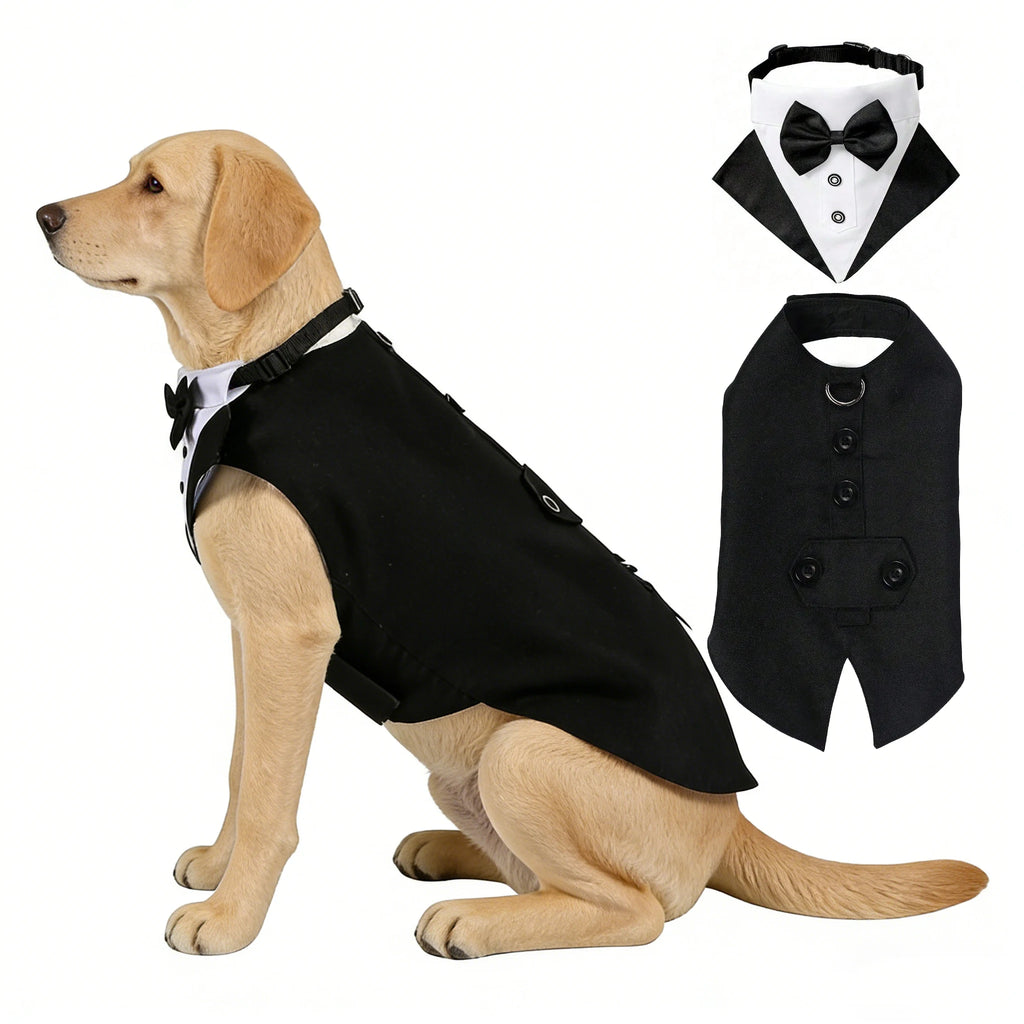 Formal Dog Tuxedo Suit and Colar Bandana Set, Wedding Party Costume Doggy Prince Bowtie Shirt, Suitable for Engagement We