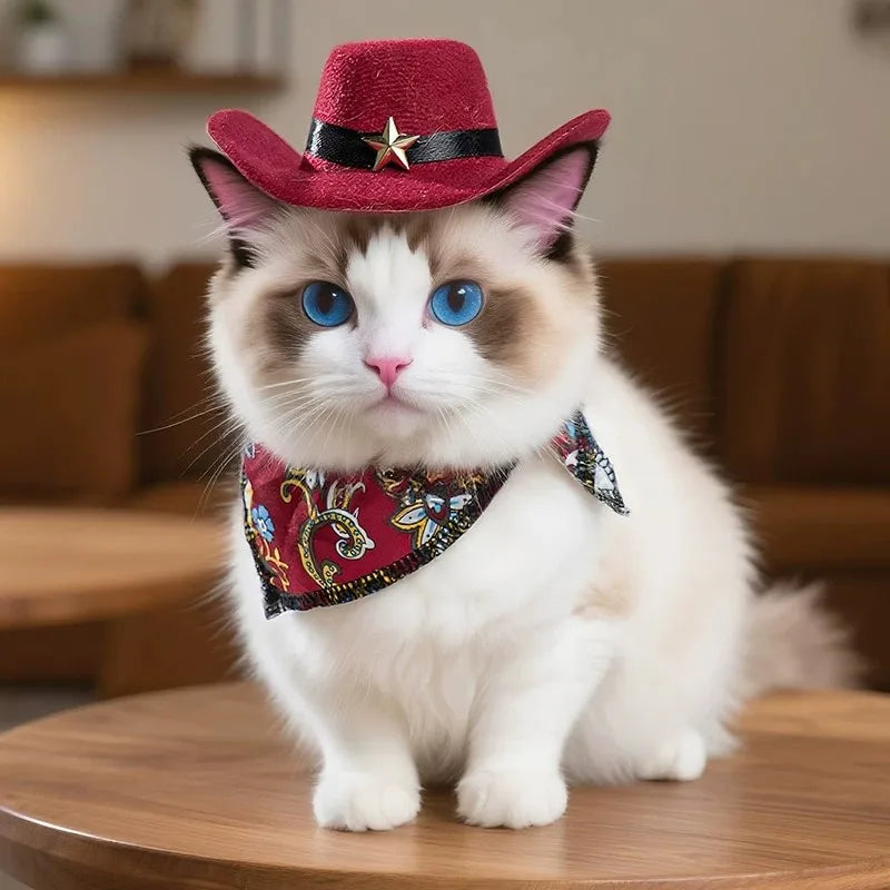 British Style Cat Cowboy Hat with Bandana Set, Adjustable Pet Hat for Cats and Dogs, Funny Vintage Pet Costume Accessory