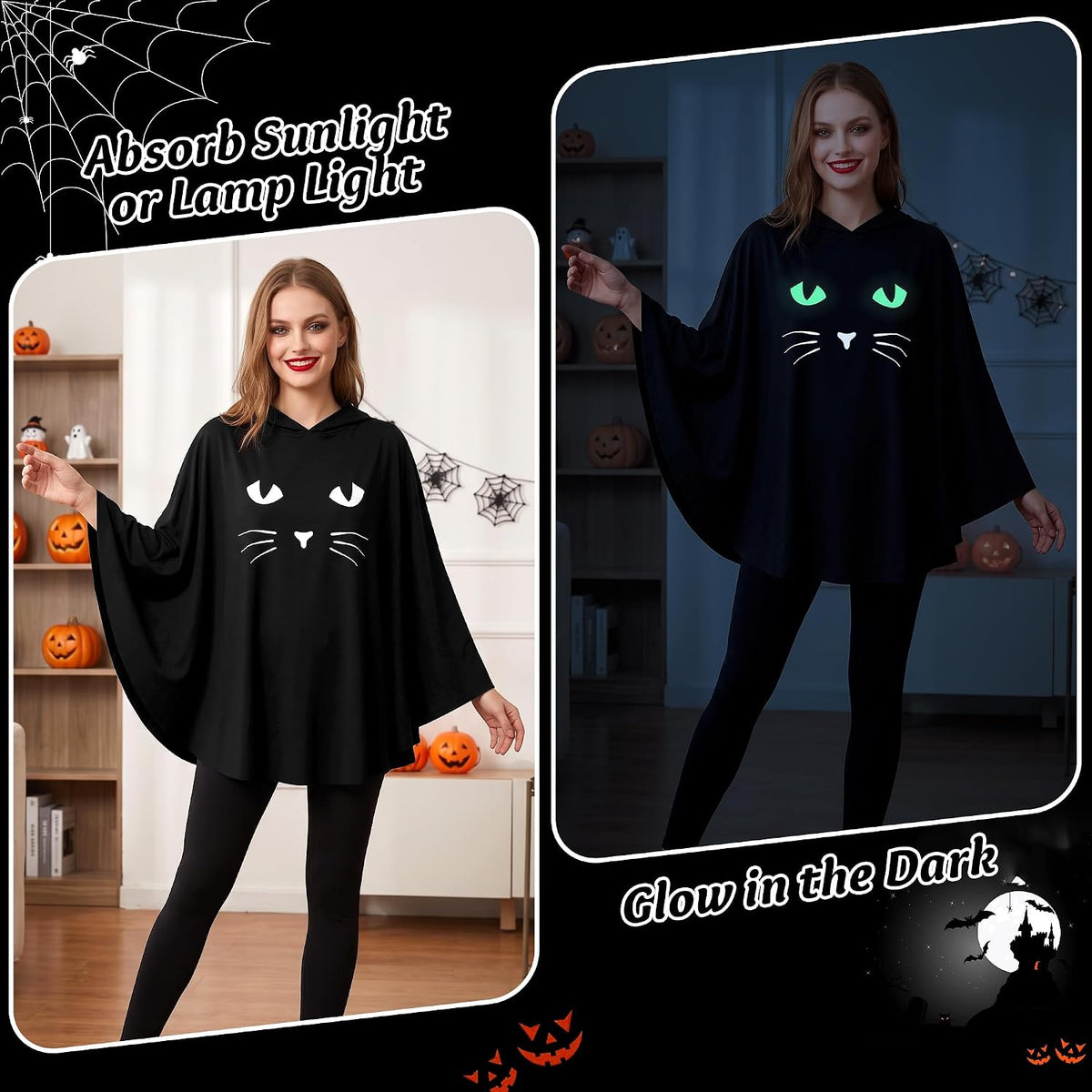 Black Cat Costume for Women, Glow in the Dark Halloween Poncho Hooded Cloak for Cosplay Themed Party