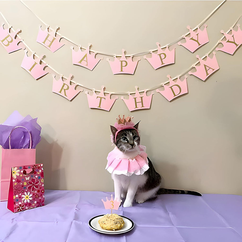 Cat Princess Costumes Cat Crown Hat & Lace Bandana Scarf Set, Puppy Party Hat for Small Dogs & Cats, Lace Outfit for Cats and Small Dogs Birthday Party (Pink)